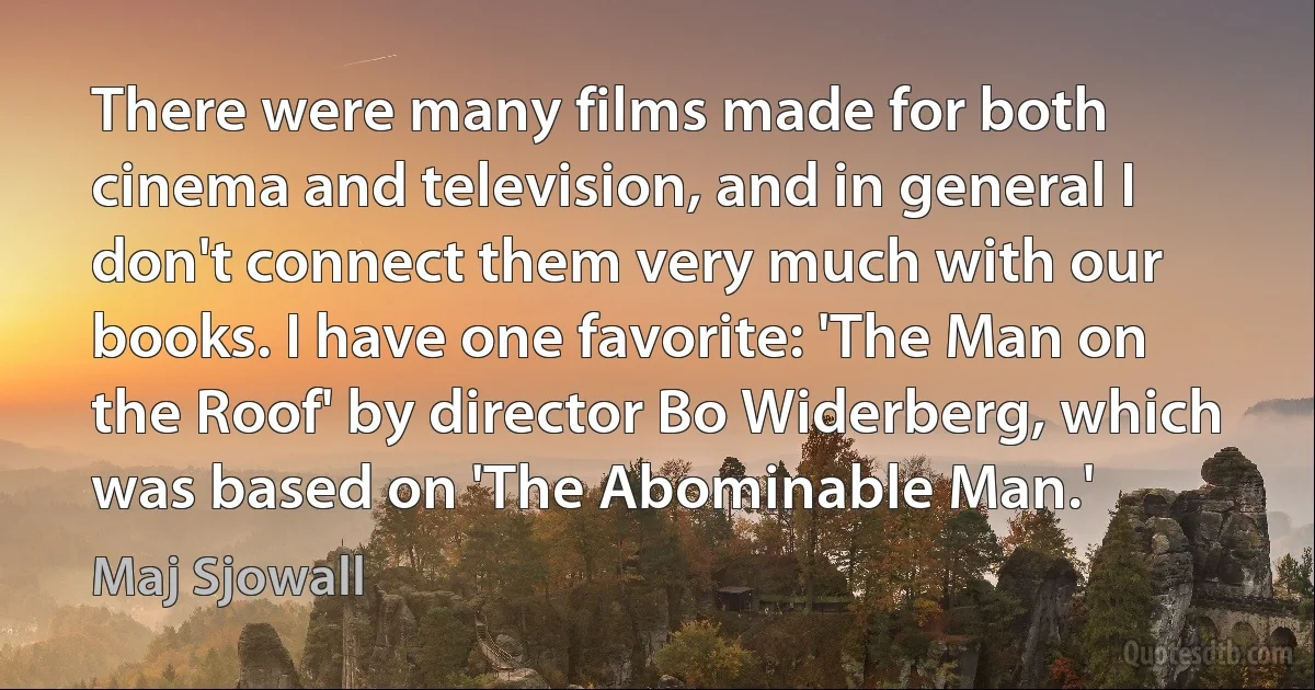 There were many films made for both cinema and television, and in general I don't connect them very much with our books. I have one favorite: 'The Man on the Roof' by director Bo Widerberg, which was based on 'The Abominable Man.' (Maj Sjowall)