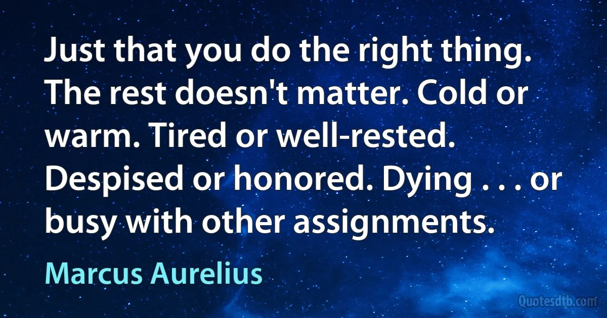 Just that you do the right thing. The rest doesn't matter. Cold or warm. Tired or well-rested. Despised or honored. Dying . . . or busy with other assignments. (Marcus Aurelius)