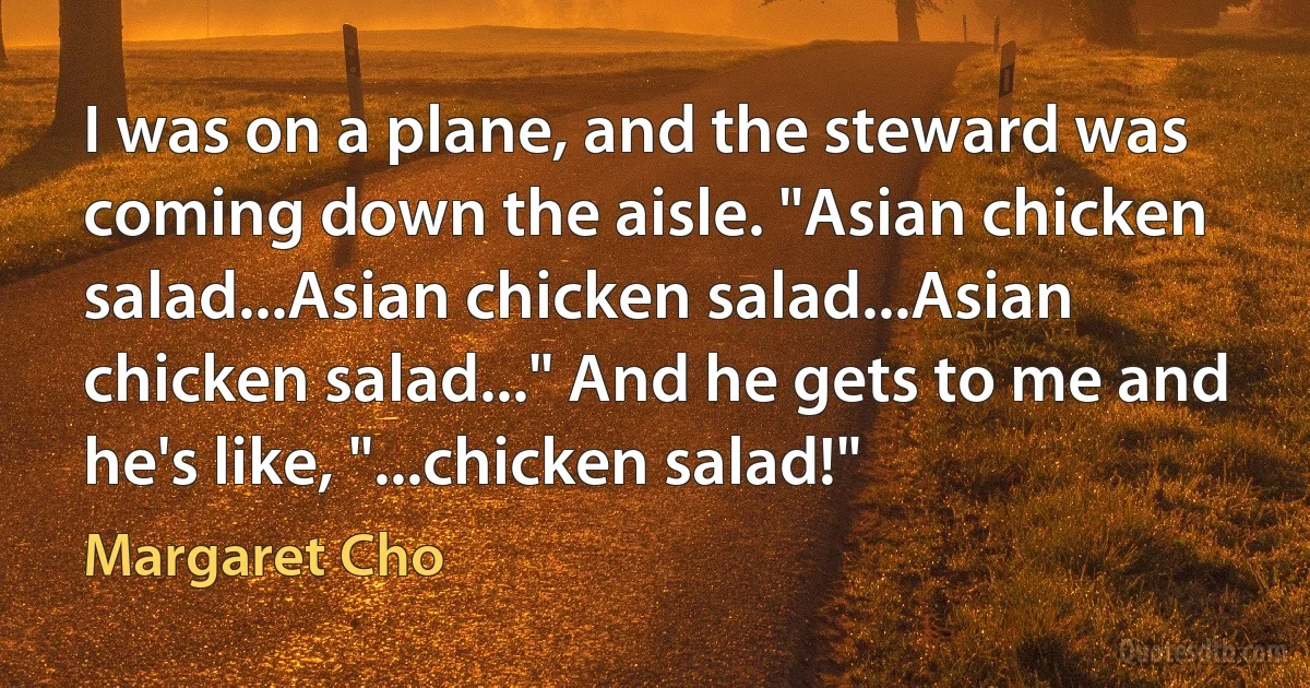 I was on a plane, and the steward was coming down the aisle. "Asian chicken salad...Asian chicken salad...Asian chicken salad..." And he gets to me and he's like, "...chicken salad!" (Margaret Cho)