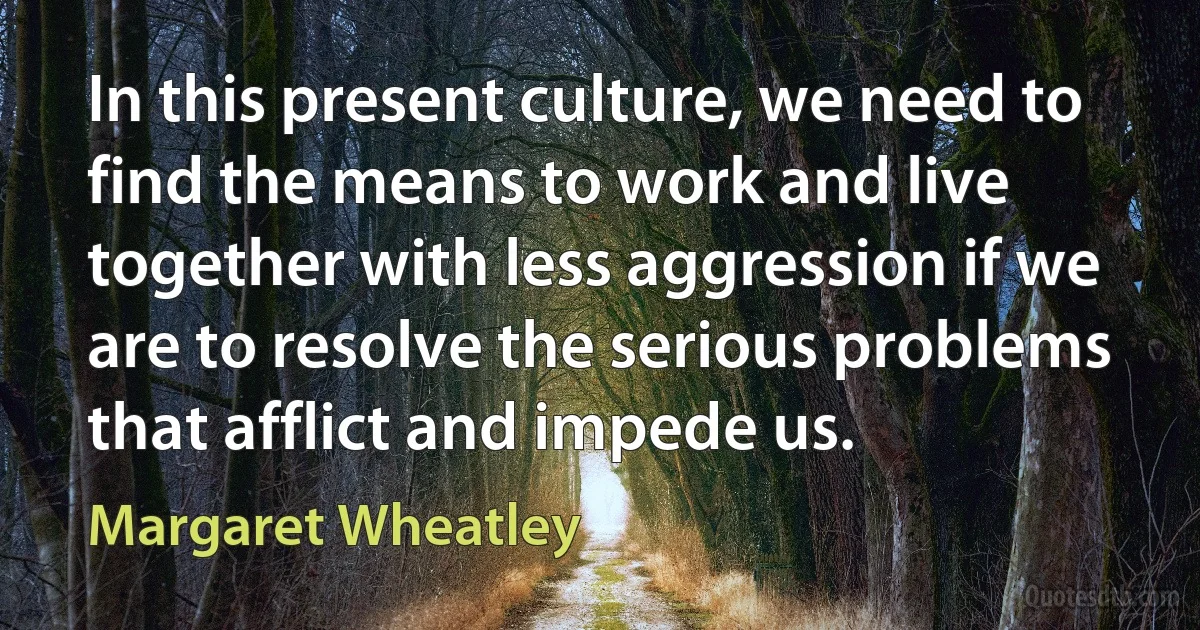 In this present culture, we need to find the means to work and live together with less aggression if we are to resolve the serious problems that afflict and impede us. (Margaret Wheatley)