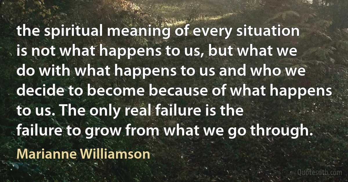 the spiritual meaning of every situation is not what happens to us, but what we do with what happens to us and who we decide to become because of what happens to us. The only real failure is the failure to grow from what we go through. (Marianne Williamson)