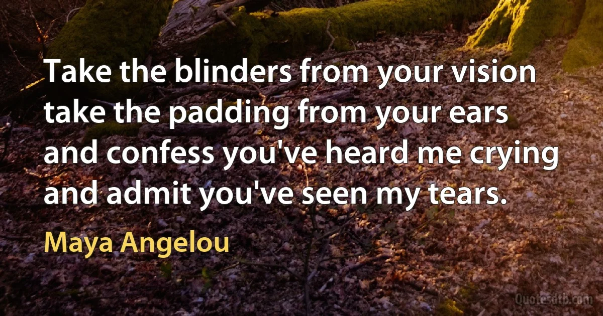 Take the blinders from your vision
take the padding from your ears
and confess you've heard me crying
and admit you've seen my tears. (Maya Angelou)