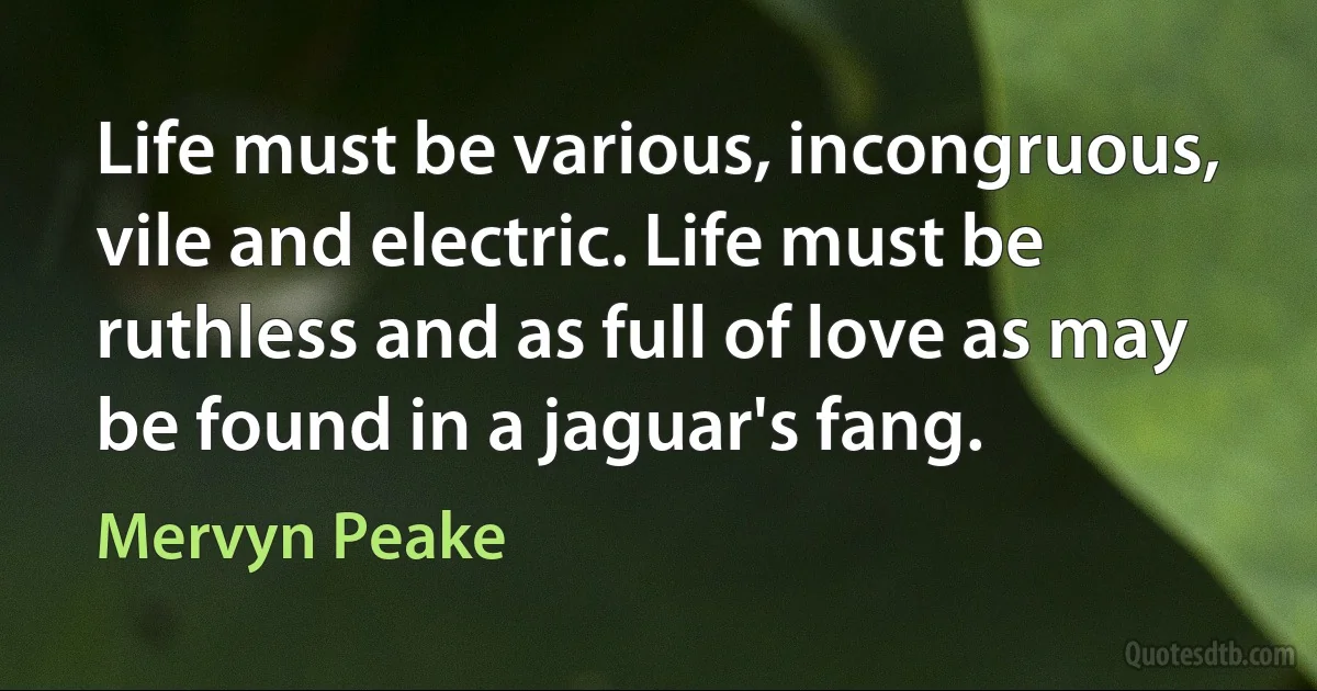 Life must be various, incongruous, vile and electric. Life must be ruthless and as full of love as may be found in a jaguar's fang. (Mervyn Peake)