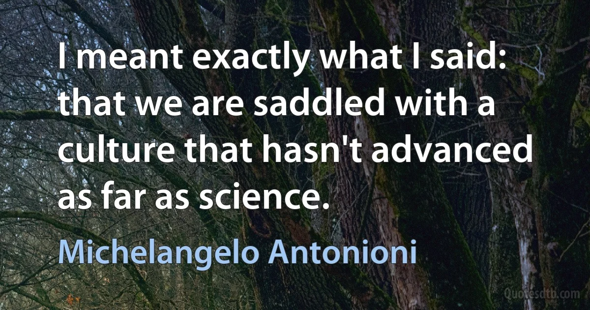 I meant exactly what I said: that we are saddled with a culture that hasn't advanced as far as science. (Michelangelo Antonioni)