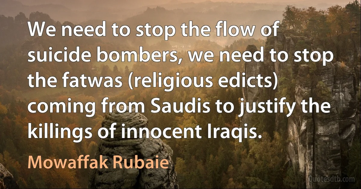 We need to stop the flow of suicide bombers, we need to stop the fatwas (religious edicts) coming from Saudis to justify the killings of innocent Iraqis. (Mowaffak Rubaie)