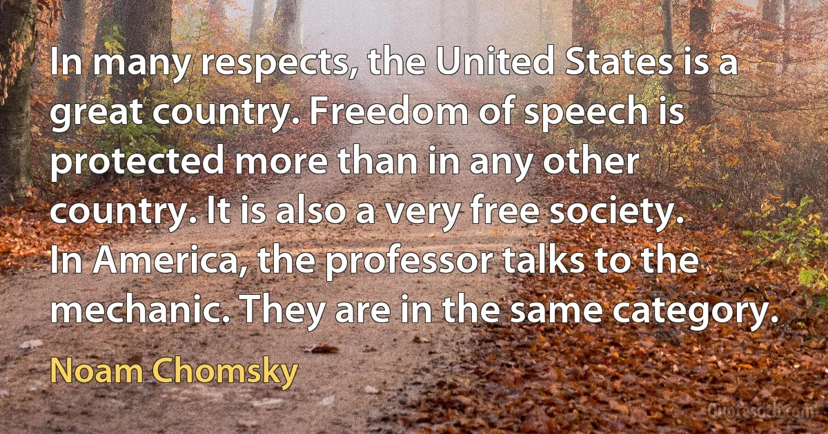 In many respects, the United States is a great country. Freedom of speech is protected more than in any other country. It is also a very free society. In America, the professor talks to the mechanic. They are in the same category. (Noam Chomsky)