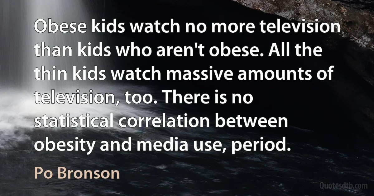 Obese kids watch no more television than kids who aren't obese. All the thin kids watch massive amounts of television, too. There is no statistical correlation between obesity and media use, period. (Po Bronson)