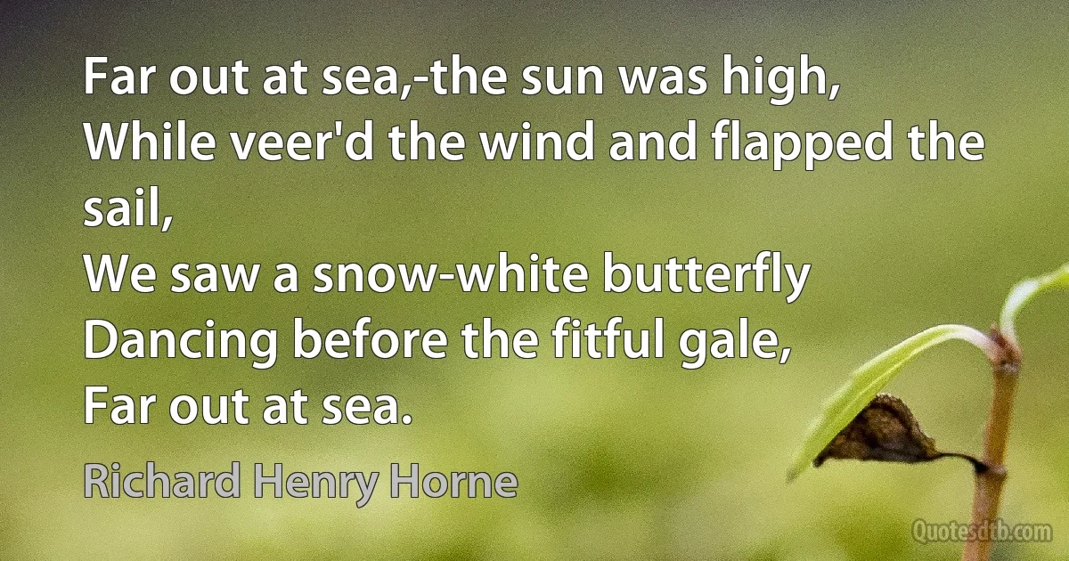 Far out at sea,-the sun was high,
While veer'd the wind and flapped the sail,
We saw a snow-white butterfly
Dancing before the fitful gale,
Far out at sea. (Richard Henry Horne)