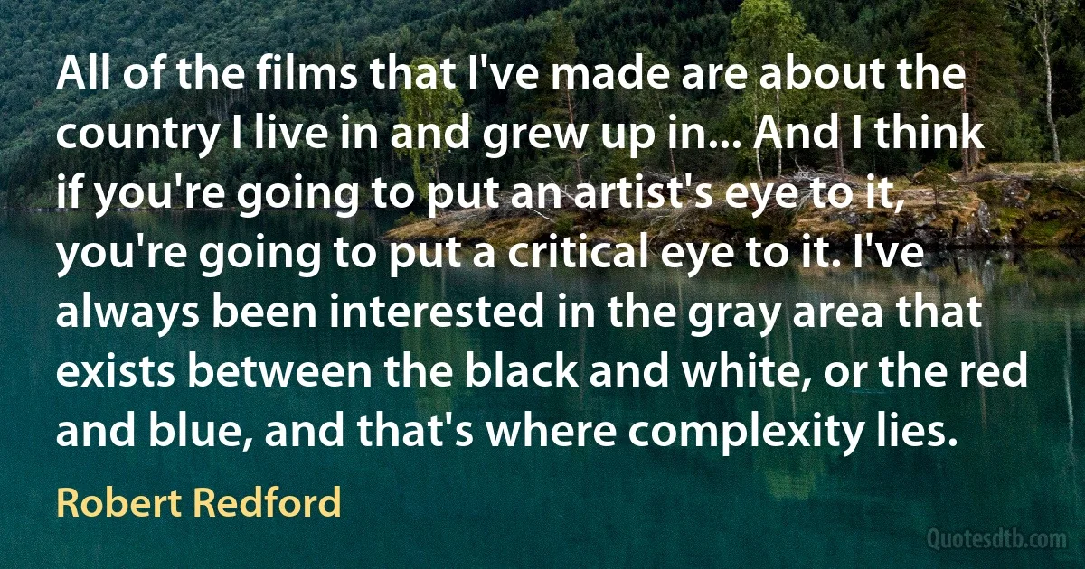 All of the films that I've made are about the country I live in and grew up in... And I think if you're going to put an artist's eye to it, you're going to put a critical eye to it. I've always been interested in the gray area that exists between the black and white, or the red and blue, and that's where complexity lies. (Robert Redford)