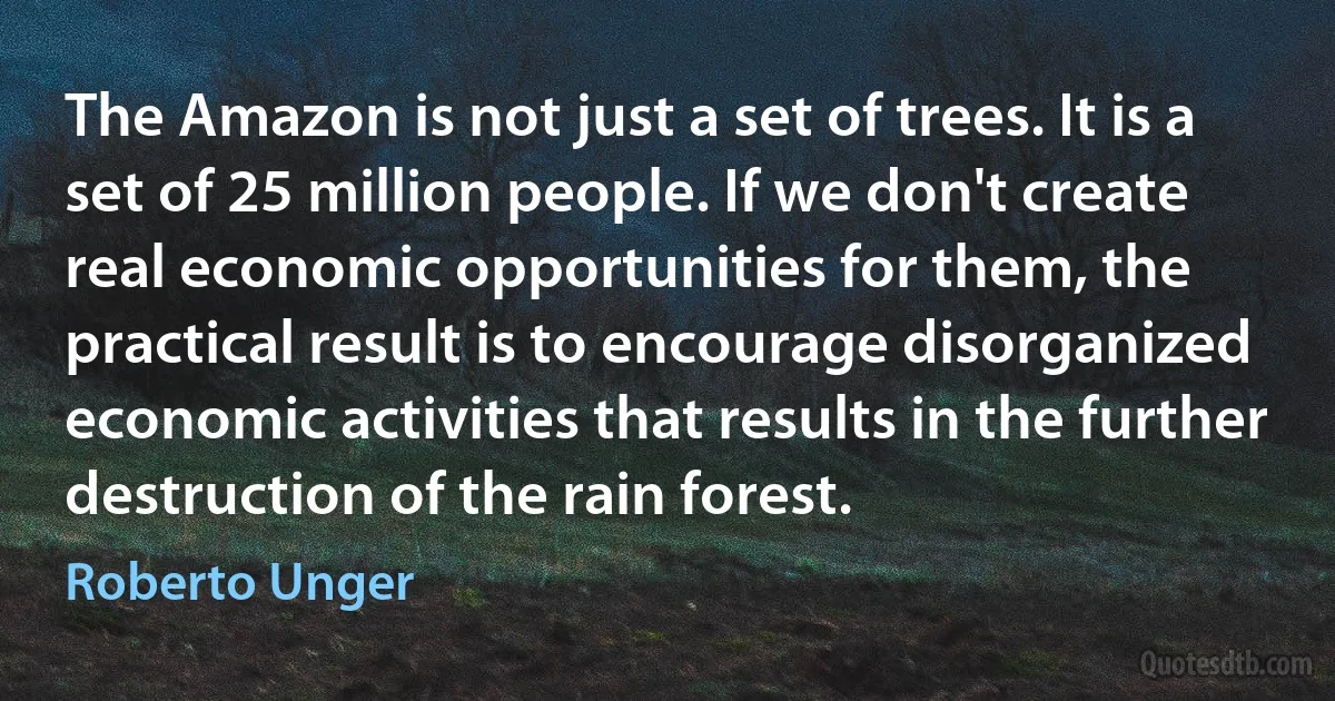 The Amazon is not just a set of trees. It is a set of 25 million people. If we don't create real economic opportunities for them, the practical result is to encourage disorganized economic activities that results in the further destruction of the rain forest. (Roberto Unger)