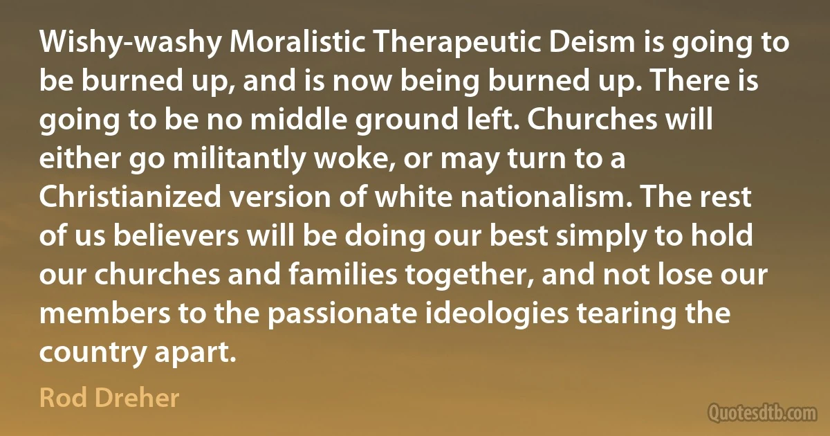 Wishy-washy Moralistic Therapeutic Deism is going to be burned up, and is now being burned up. There is going to be no middle ground left. Churches will either go militantly woke, or may turn to a Christianized version of white nationalism. The rest of us believers will be doing our best simply to hold our churches and families together, and not lose our members to the passionate ideologies tearing the country apart. (Rod Dreher)