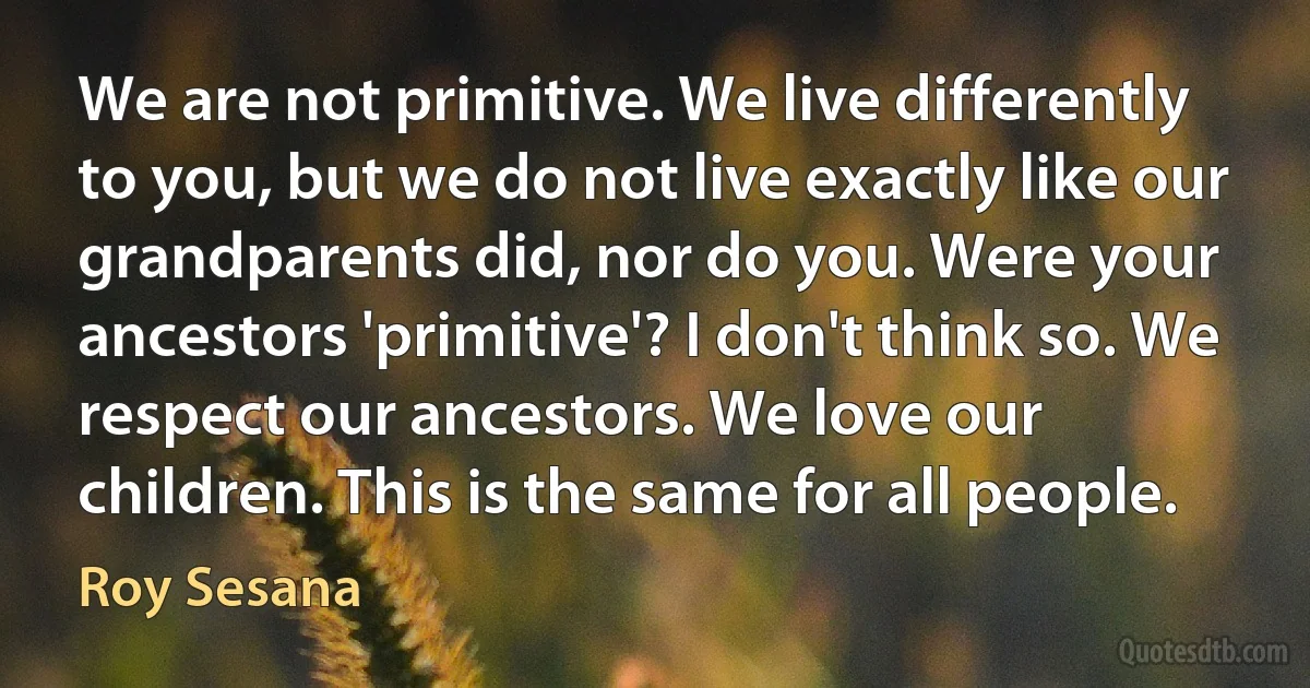 We are not primitive. We live differently to you, but we do not live exactly like our grandparents did, nor do you. Were your ancestors 'primitive'? I don't think so. We respect our ancestors. We love our children. This is the same for all people. (Roy Sesana)