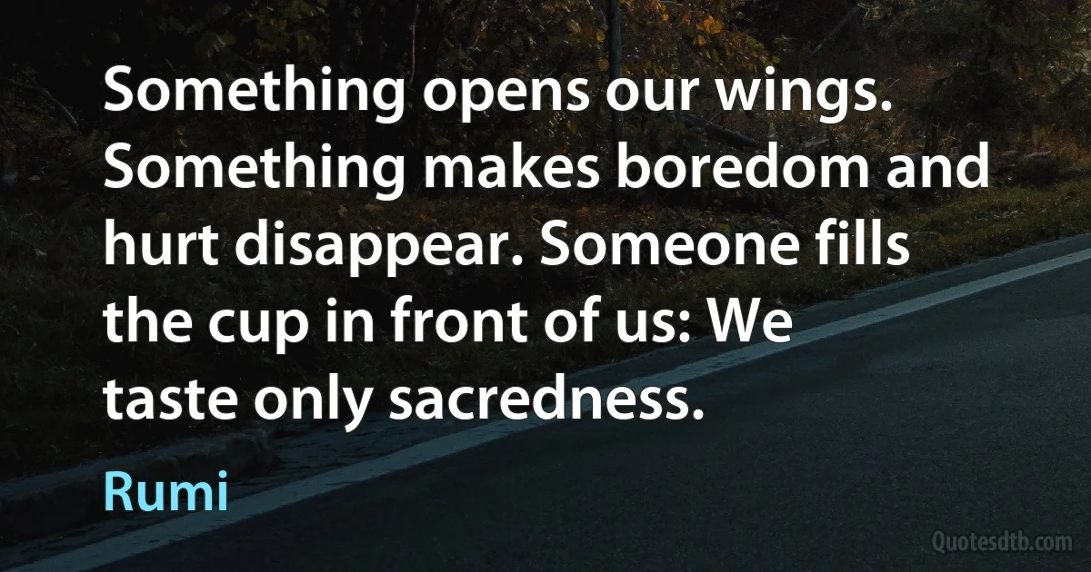 Something opens our wings. Something makes boredom and hurt disappear. Someone fills the cup in front of us: We taste only sacredness. (Rumi)