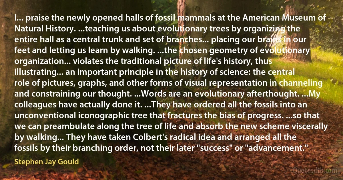 I... praise the newly opened halls of fossil mammals at the American Museum of Natural History. ...teaching us about evolutionary trees by organizing the entire hall as a central trunk and set of branches... placing our brains in our feet and letting us learn by walking. ...the chosen geometry of evolutionary organization... violates the traditional picture of life's history, thus illustrating... an important principle in the history of science: the central role of pictures, graphs, and other forms of visual representation in channeling and constraining our thought. ...Words are an evolutionary afterthought. ...My colleagues have actually done it. ...They have ordered all the fossils into an unconventional iconographic tree that fractures the bias of progress. ...so that we can preambulate along the tree of life and absorb the new scheme viscerally by walking... They have taken Colbert's radical idea and arranged all the fossils by their branching order, not their later "success" or "advancement." (Stephen Jay Gould)