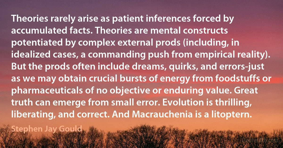 Theories rarely arise as patient inferences forced by accumulated facts. Theories are mental constructs potentiated by complex external prods (including, in idealized cases, a commanding push from empirical reality). But the prods often include dreams, quirks, and errors-just as we may obtain crucial bursts of energy from foodstuffs or pharmaceuticals of no objective or enduring value. Great truth can emerge from small error. Evolution is thrilling, liberating, and correct. And Macrauchenia is a litoptern. (Stephen Jay Gould)