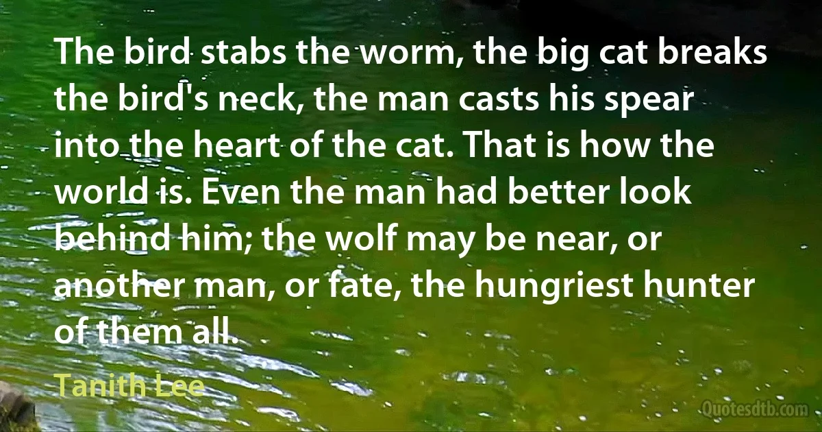 The bird stabs the worm, the big cat breaks the bird's neck, the man casts his spear into the heart of the cat. That is how the world is. Even the man had better look behind him; the wolf may be near, or another man, or fate, the hungriest hunter of them all. (Tanith Lee)