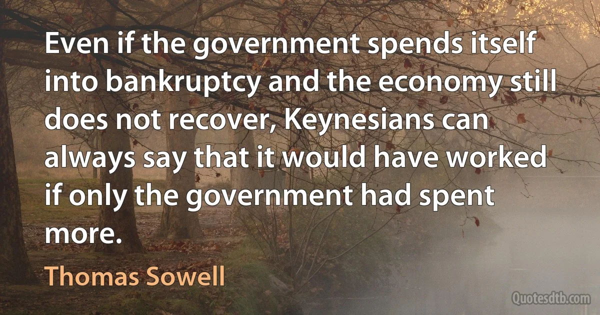 Even if the government spends itself into bankruptcy and the economy still does not recover, Keynesians can always say that it would have worked if only the government had spent more. (Thomas Sowell)