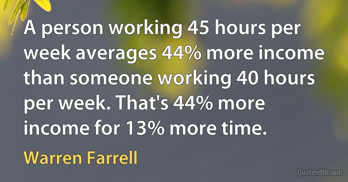 A person working 45 hours per week averages 44% more income than someone working 40 hours per week. That's 44% more income for 13% more time. (Warren Farrell)