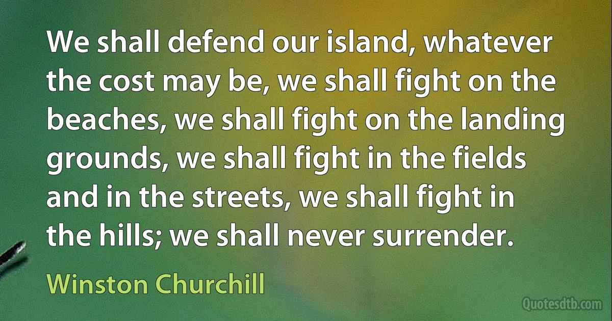 We shall defend our island, whatever the cost may be, we shall fight on the beaches, we shall fight on the landing grounds, we shall fight in the fields and in the streets, we shall fight in the hills; we shall never surrender. (Winston Churchill)