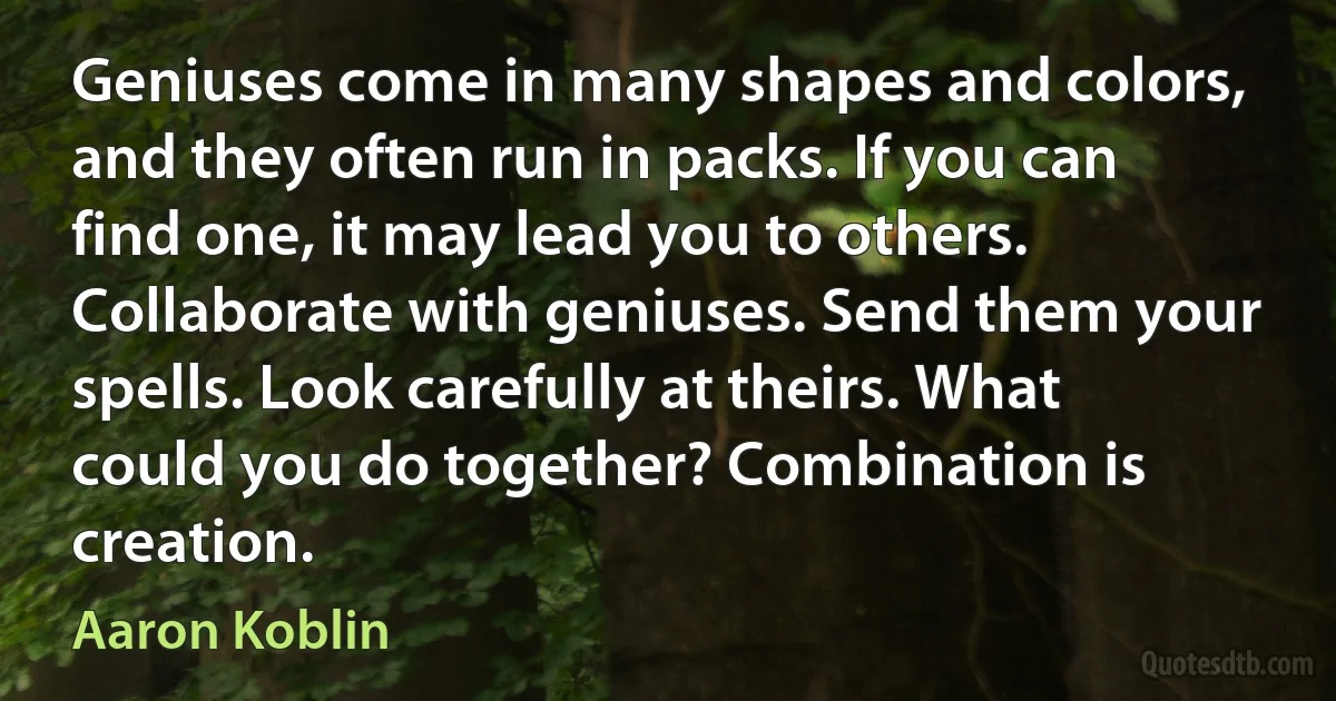 Geniuses come in many shapes and colors, and they often run in packs. If you can find one, it may lead you to others. Collaborate with geniuses. Send them your spells. Look carefully at theirs. What could you do together? Combination is creation. (Aaron Koblin)