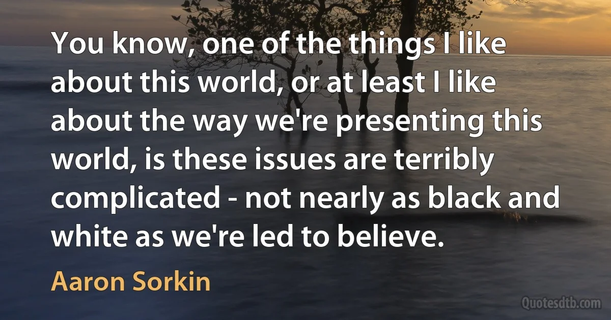 You know, one of the things I like about this world, or at least I like about the way we're presenting this world, is these issues are terribly complicated - not nearly as black and white as we're led to believe. (Aaron Sorkin)