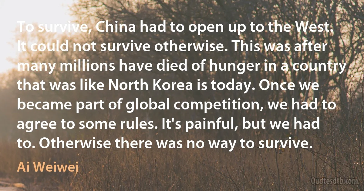 To survive, China had to open up to the West. It could not survive otherwise. This was after many millions have died of hunger in a country that was like North Korea is today. Once we became part of global competition, we had to agree to some rules. It's painful, but we had to. Otherwise there was no way to survive. (Ai Weiwei)