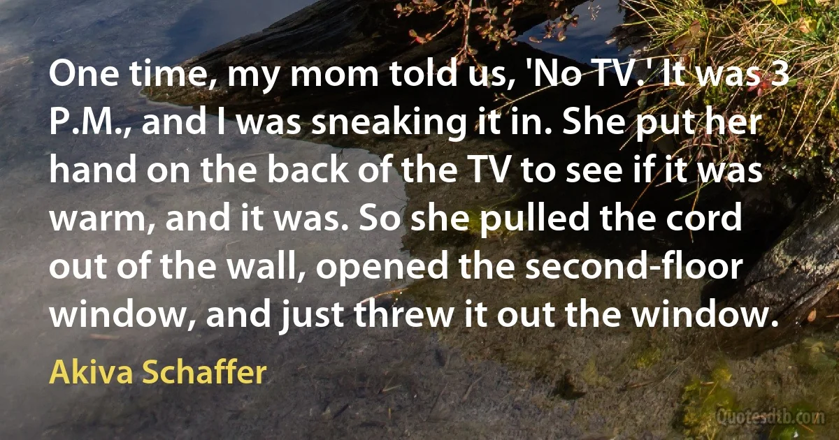 One time, my mom told us, 'No TV.' It was 3 P.M., and I was sneaking it in. She put her hand on the back of the TV to see if it was warm, and it was. So she pulled the cord out of the wall, opened the second-floor window, and just threw it out the window. (Akiva Schaffer)