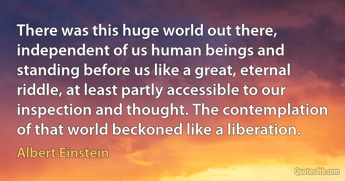 There was this huge world out there, independent of us human beings and standing before us like a great, eternal riddle, at least partly accessible to our inspection and thought. The contemplation of that world beckoned like a liberation. (Albert Einstein)