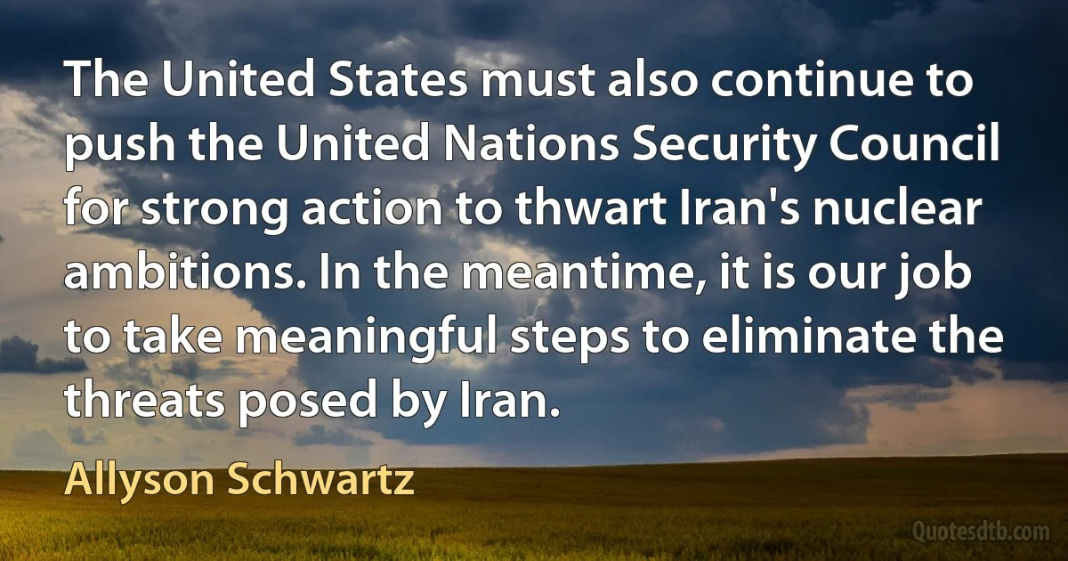 The United States must also continue to push the United Nations Security Council for strong action to thwart Iran's nuclear ambitions. In the meantime, it is our job to take meaningful steps to eliminate the threats posed by Iran. (Allyson Schwartz)