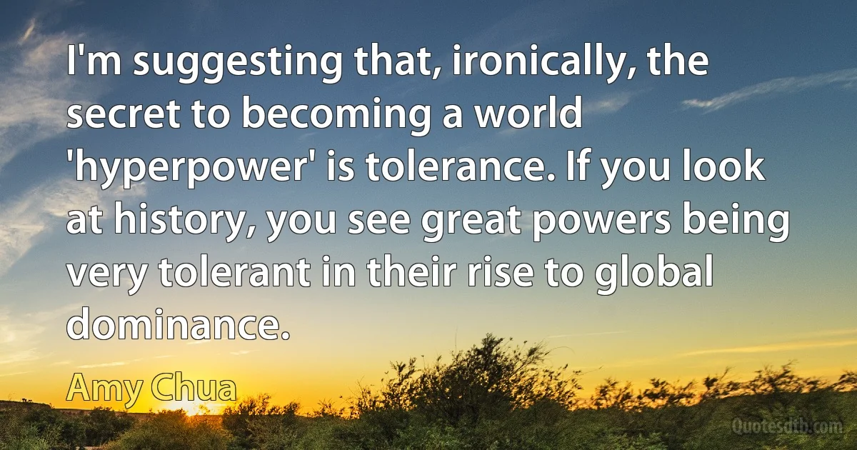 I'm suggesting that, ironically, the secret to becoming a world 'hyperpower' is tolerance. If you look at history, you see great powers being very tolerant in their rise to global dominance. (Amy Chua)