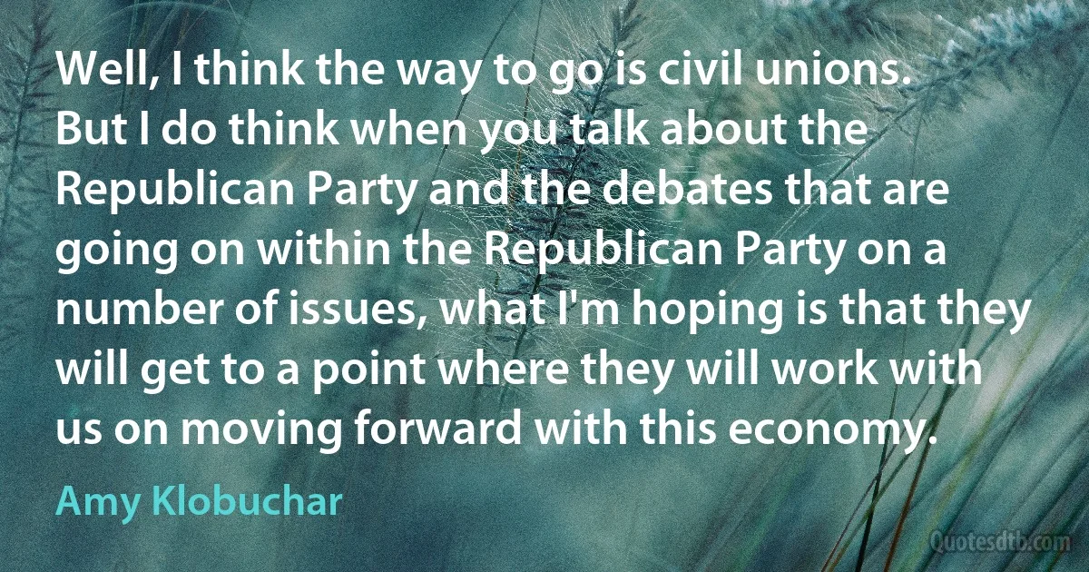 Well, I think the way to go is civil unions. But I do think when you talk about the Republican Party and the debates that are going on within the Republican Party on a number of issues, what I'm hoping is that they will get to a point where they will work with us on moving forward with this economy. (Amy Klobuchar)