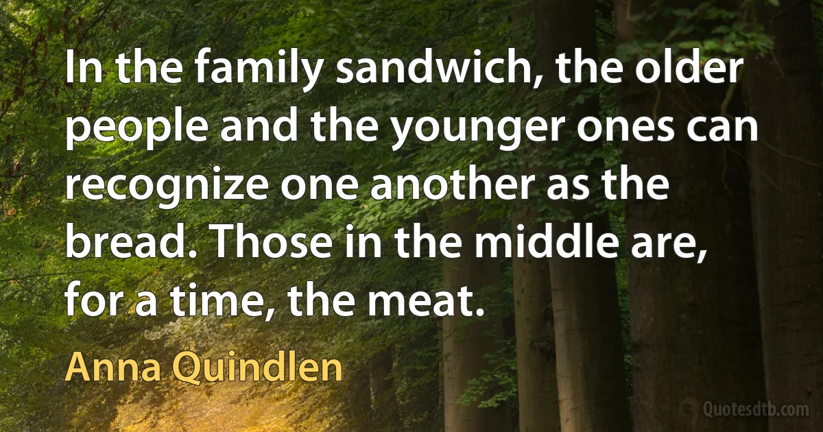 In the family sandwich, the older people and the younger ones can recognize one another as the bread. Those in the middle are, for a time, the meat. (Anna Quindlen)