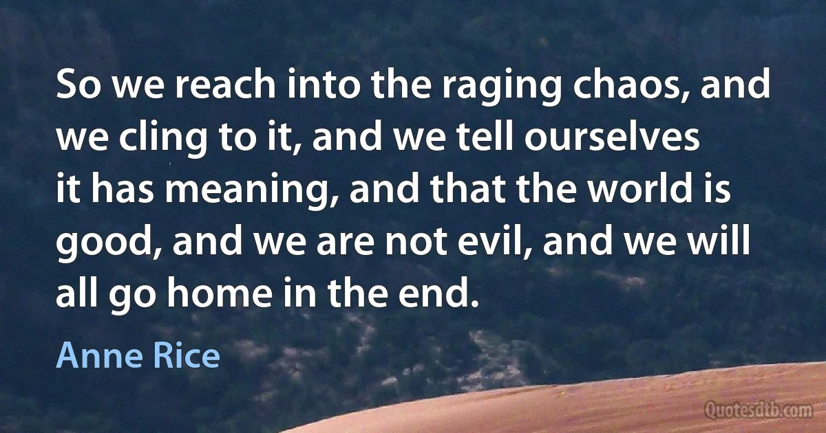 So we reach into the raging chaos, and we cling to it, and we tell ourselves it has meaning, and that the world is good, and we are not evil, and we will all go home in the end. (Anne Rice)