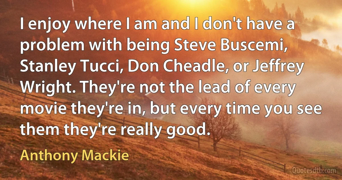 I enjoy where I am and I don't have a problem with being Steve Buscemi, Stanley Tucci, Don Cheadle, or Jeffrey Wright. They're not the lead of every movie they're in, but every time you see them they're really good. (Anthony Mackie)