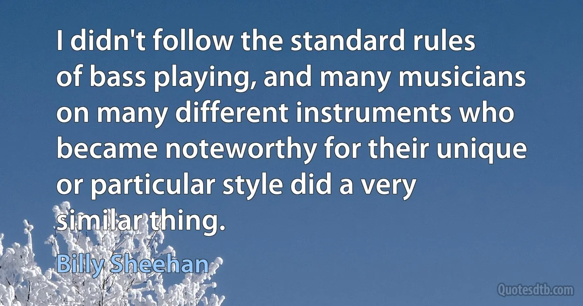 I didn't follow the standard rules of bass playing, and many musicians on many different instruments who became noteworthy for their unique or particular style did a very similar thing. (Billy Sheehan)