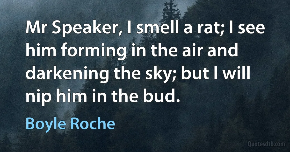 Mr Speaker, I smell a rat; I see him forming in the air and darkening the sky; but I will nip him in the bud. (Boyle Roche)