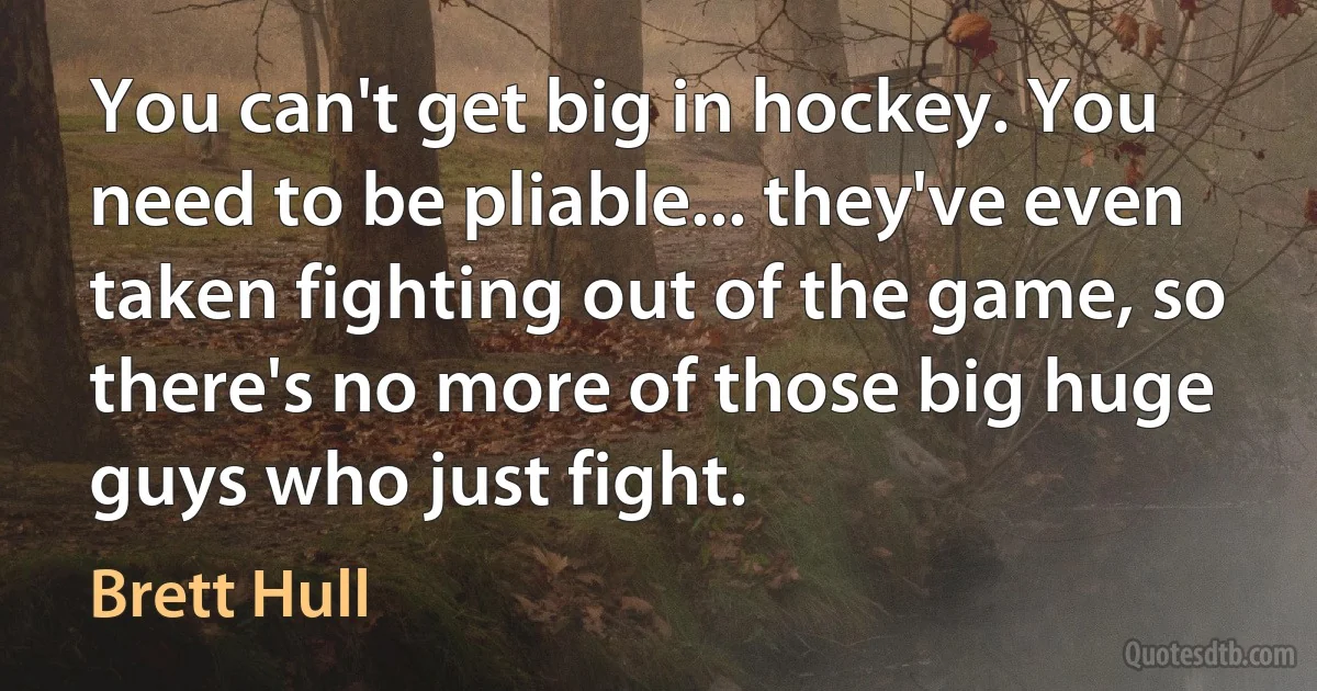 You can't get big in hockey. You need to be pliable... they've even taken fighting out of the game, so there's no more of those big huge guys who just fight. (Brett Hull)