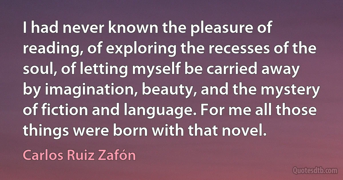 I had never known the pleasure of reading, of exploring the recesses of the soul, of letting myself be carried away by imagination, beauty, and the mystery of fiction and language. For me all those things were born with that novel. (Carlos Ruiz Zafón)