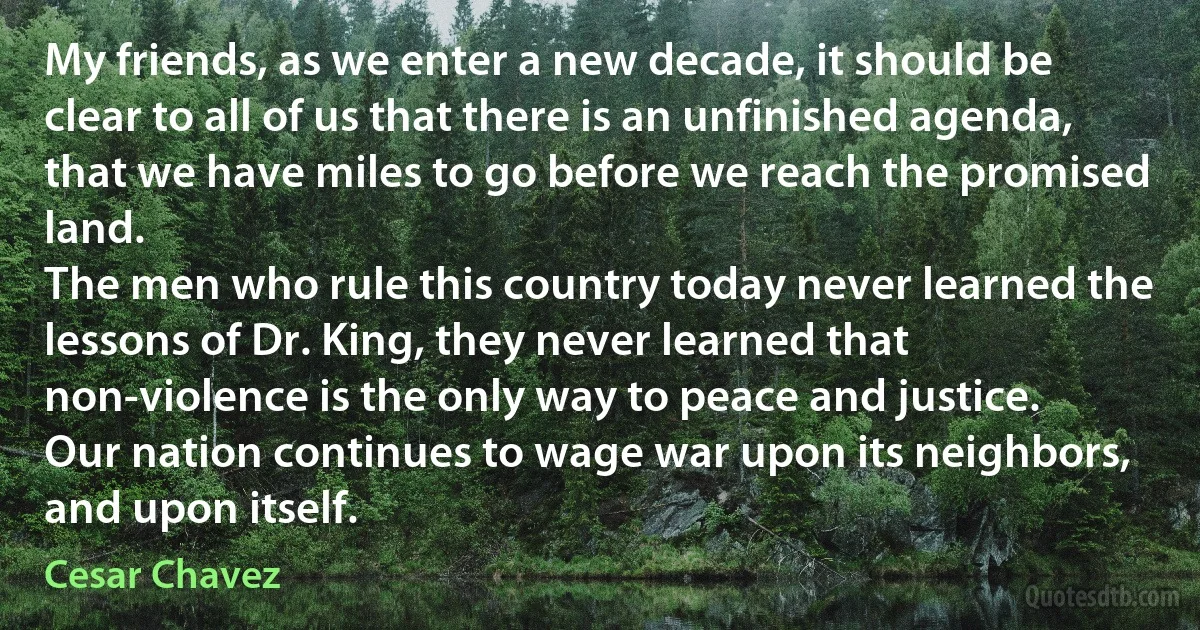 My friends, as we enter a new decade, it should be clear to all of us that there is an unfinished agenda, that we have miles to go before we reach the promised land.
The men who rule this country today never learned the lessons of Dr. King, they never learned that non-violence is the only way to peace and justice.
Our nation continues to wage war upon its neighbors, and upon itself. (Cesar Chavez)