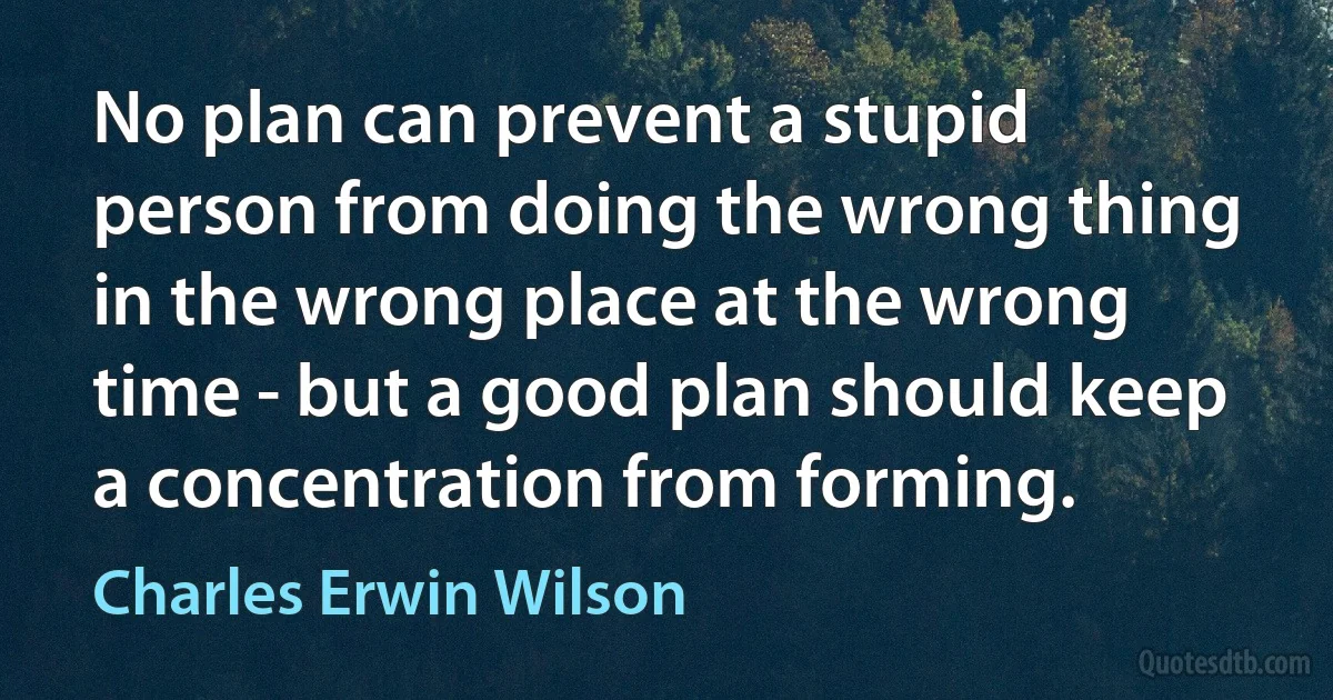 No plan can prevent a stupid person from doing the wrong thing in the wrong place at the wrong time - but a good plan should keep a concentration from forming. (Charles Erwin Wilson)