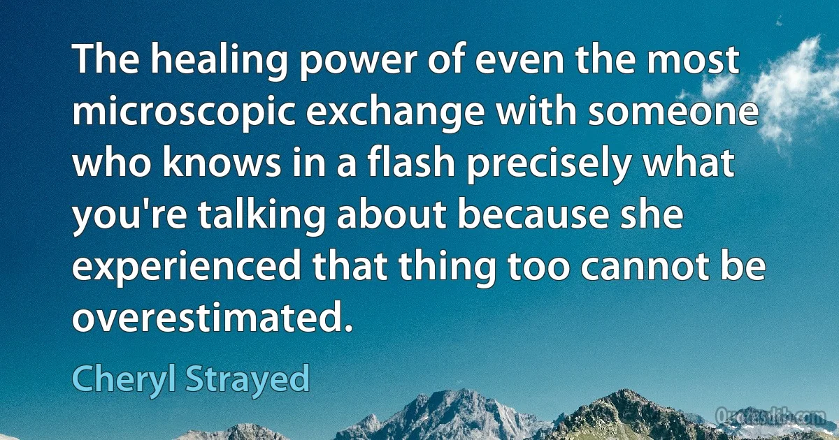 The healing power of even the most microscopic exchange with someone who knows in a flash precisely what you're talking about because she experienced that thing too cannot be overestimated. (Cheryl Strayed)