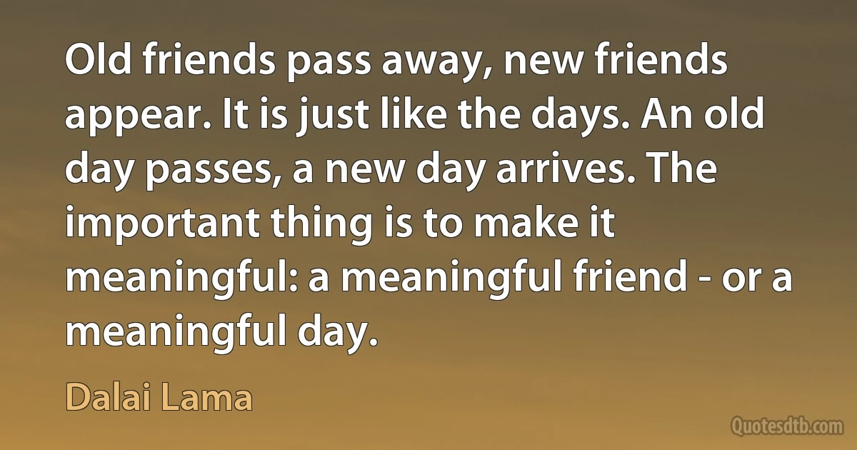 Old friends pass away, new friends appear. It is just like the days. An old day passes, a new day arrives. The important thing is to make it meaningful: a meaningful friend - or a meaningful day. (Dalai Lama)