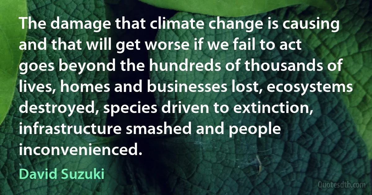 The damage that climate change is causing and that will get worse if we fail to act goes beyond the hundreds of thousands of lives, homes and businesses lost, ecosystems destroyed, species driven to extinction, infrastructure smashed and people inconvenienced. (David Suzuki)