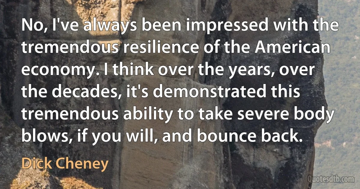 No, I've always been impressed with the tremendous resilience of the American economy. I think over the years, over the decades, it's demonstrated this tremendous ability to take severe body blows, if you will, and bounce back. (Dick Cheney)