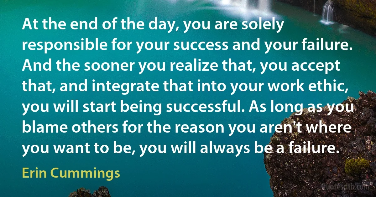 At the end of the day, you are solely responsible for your success and your failure. And the sooner you realize that, you accept that, and integrate that into your work ethic, you will start being successful. As long as you blame others for the reason you aren't where you want to be, you will always be a failure. (Erin Cummings)