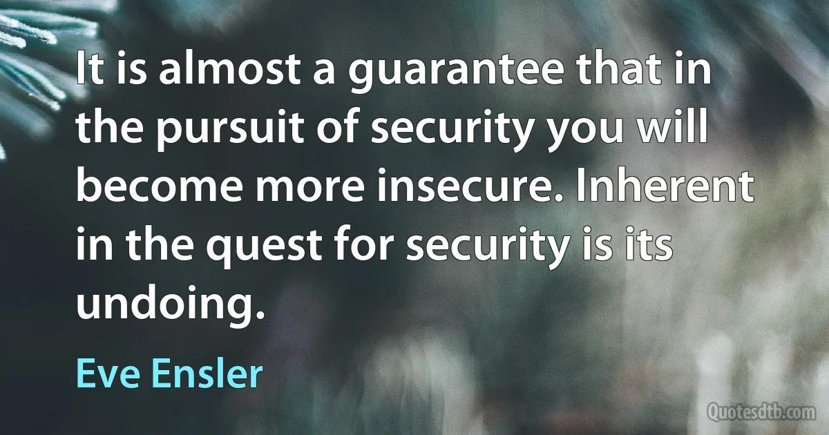 It is almost a guarantee that in the pursuit of security you will become more insecure. Inherent in the quest for security is its undoing. (Eve Ensler)