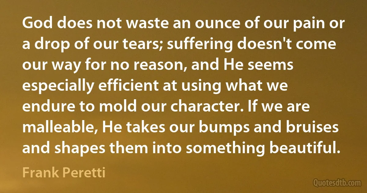 God does not waste an ounce of our pain or a drop of our tears; suffering doesn't come our way for no reason, and He seems especially efficient at using what we endure to mold our character. If we are malleable, He takes our bumps and bruises and shapes them into something beautiful. (Frank Peretti)