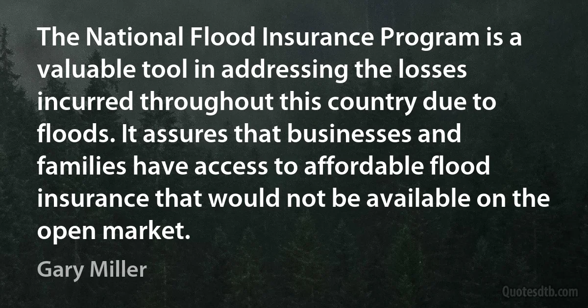 The National Flood Insurance Program is a valuable tool in addressing the losses incurred throughout this country due to floods. It assures that businesses and families have access to affordable flood insurance that would not be available on the open market. (Gary Miller)