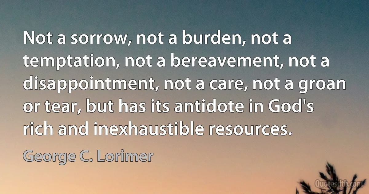 Not a sorrow, not a burden, not a temptation, not a bereavement, not a disappointment, not a care, not a groan or tear, but has its antidote in God's rich and inexhaustible resources. (George C. Lorimer)