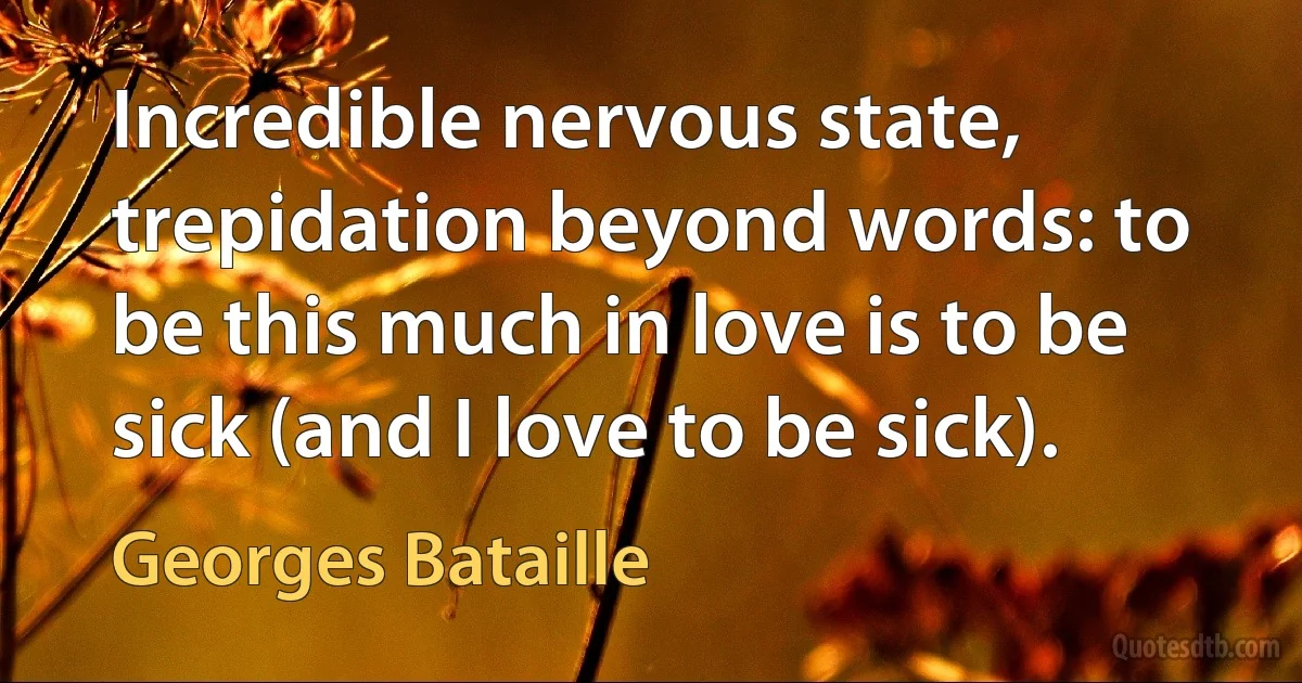 Incredible nervous state, trepidation beyond words: to be this much in love is to be sick (and I love to be sick). (Georges Bataille)